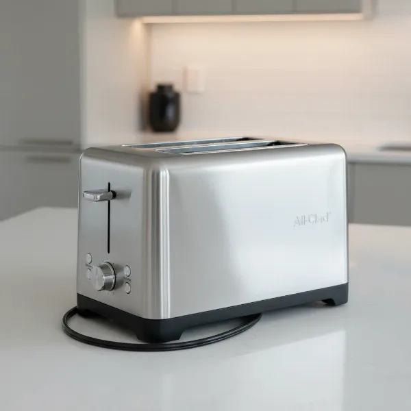 A sleek, polished stainless steel All-Clad 2-slice toaster on a modern kitchen counter.
