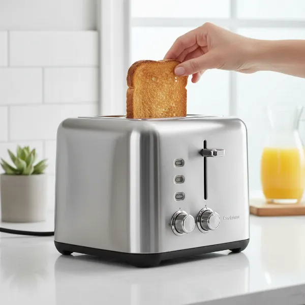 A modern auto-lift toaster with toast gently rising, emphasizing safety and ease of use.