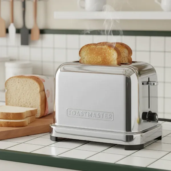 An early model of an automatic pop-up toaster with perfectly sliced white bread next to it.