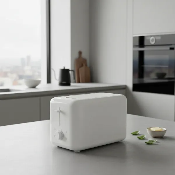 Sleek Balmuda toaster on a modern kitchen counter, showcasing minimalist design and aesthetic appeal