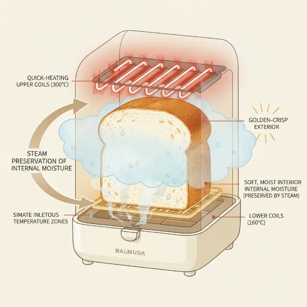 Close-up of Balmuda toaster illustrating steam technology for moist interior and crisp exterior