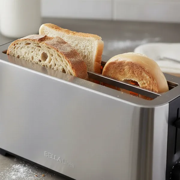 Variety of artisan breads and bagels fitting into a long toaster slot