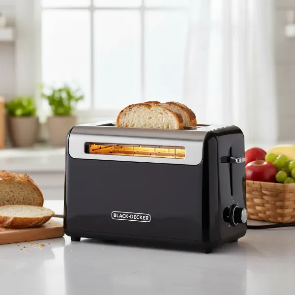 Black+Decker 2-slice pop-up toaster in a modern kitchen setting, toasting two slices of bread