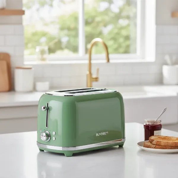 Buydeem 4-Slice Retro Toaster in Cozy Green on a kitchen counter with vintage aesthetic.