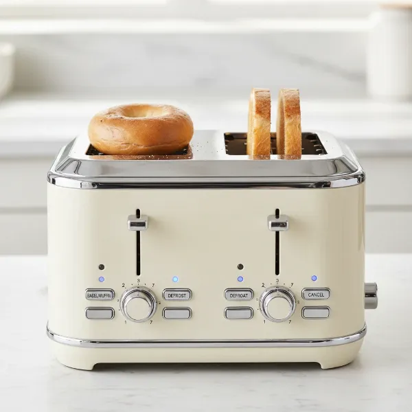 Close-up of Buydeem toaster dual independent controls and wide slots with bread.