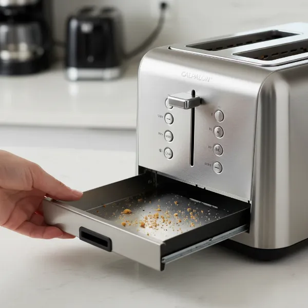 A hand pulling out the removable crumb tray from the Calphalon IntelliCrisp toaster for easy cleaning.