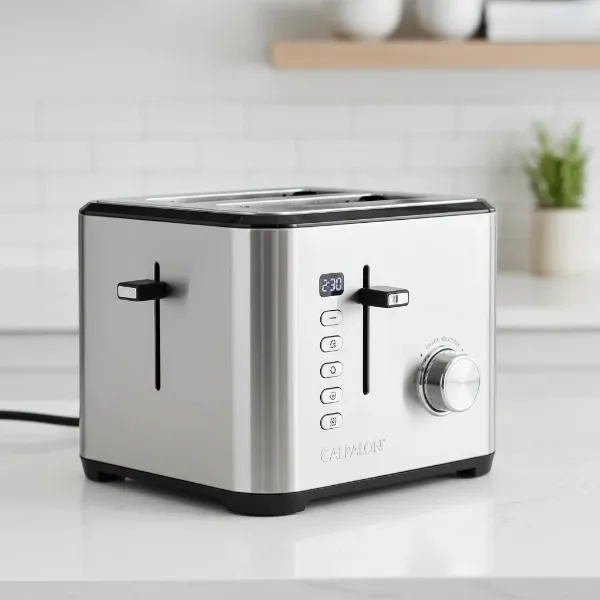 A sleek, modern Calphalon IntelliCrisp 2-slice toaster on a kitchen counter.