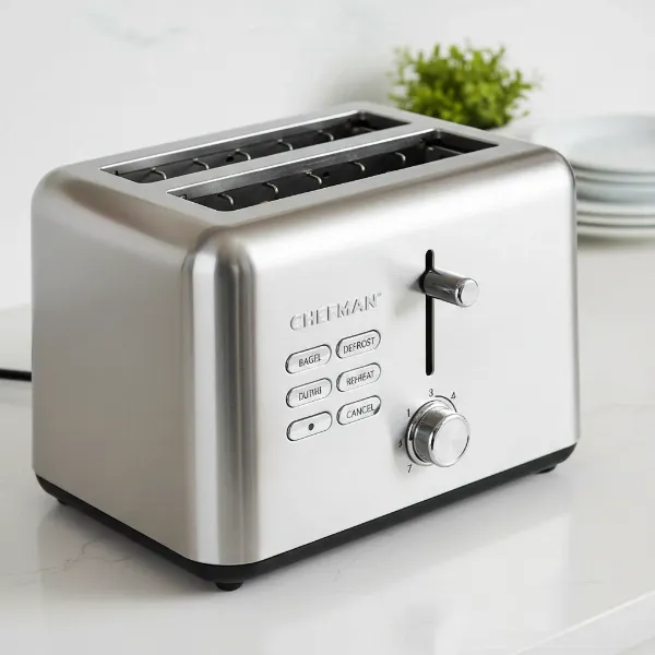 Chefman 2-slice toaster with brushed stainless steel finish and intuitive controls