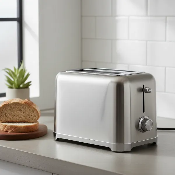 Durable stainless steel toaster on a kitchen counter, representing reliability and classic kitchen style.