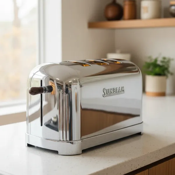 A classic polished chrome Sunbeam Radiant Control Toaster on a kitchen counter, showcasing its mid-century modern design.