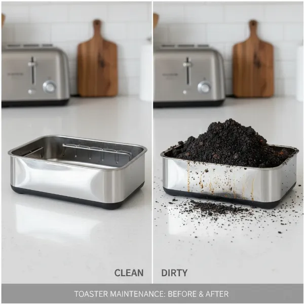 Visual comparison of a clean toaster crumb tray next to a tray filled with crumbs.