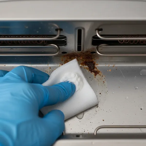 Hands gently cleaning baked-on residue inside a toaster with a baking soda paste on a cloth.