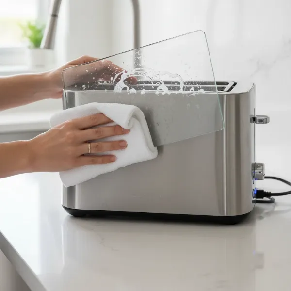 hand cleaning a removable glass panel from a transparent pop-up toaster