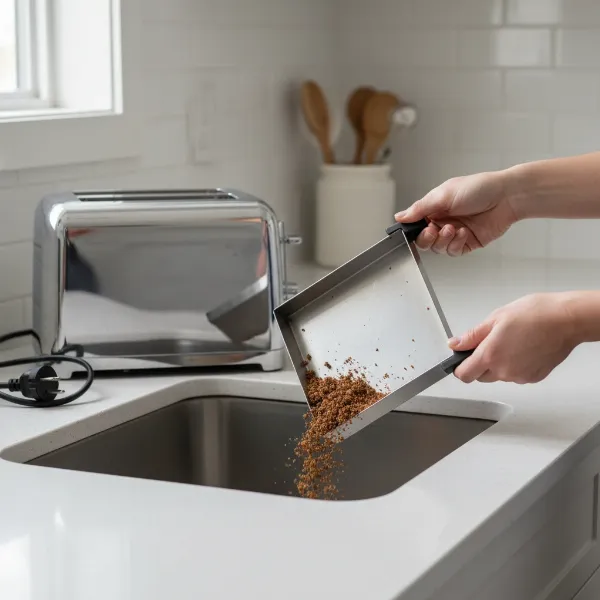 Person cleaning a toaster crumb tray, emphasizing regular maintenance for safety