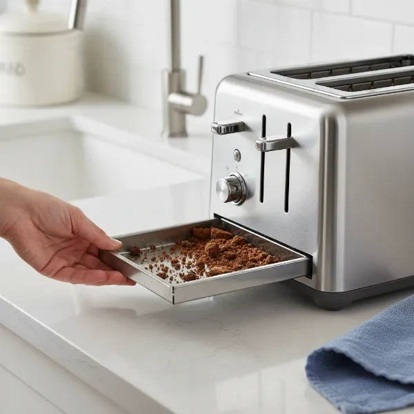 Hand pulling out and emptying a toaster's crumb tray.