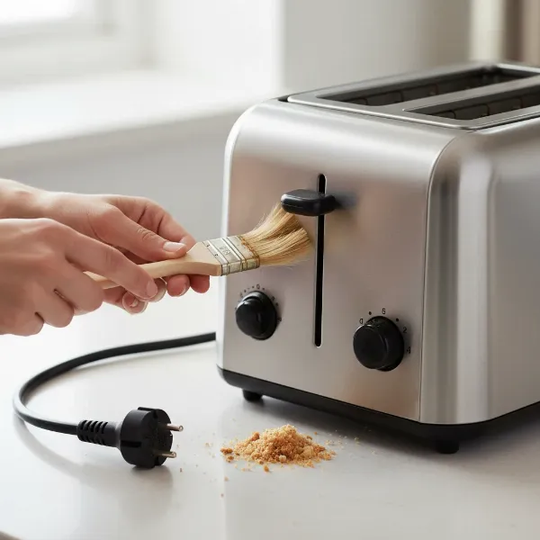 Hand cleaning toaster crumbs and debris with a non-metallic utensil for safety