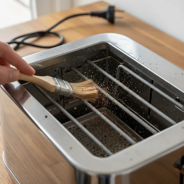 Hand using a soft brush to remove accumulated crumbs and debris from inside a toaster slot.