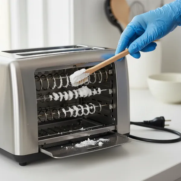 person gently applying baking soda paste to toaster heating element