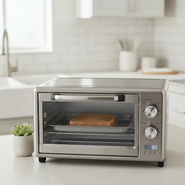 A multi-functional compact toaster oven on a small kitchen counter, suitable for baking and broiling.