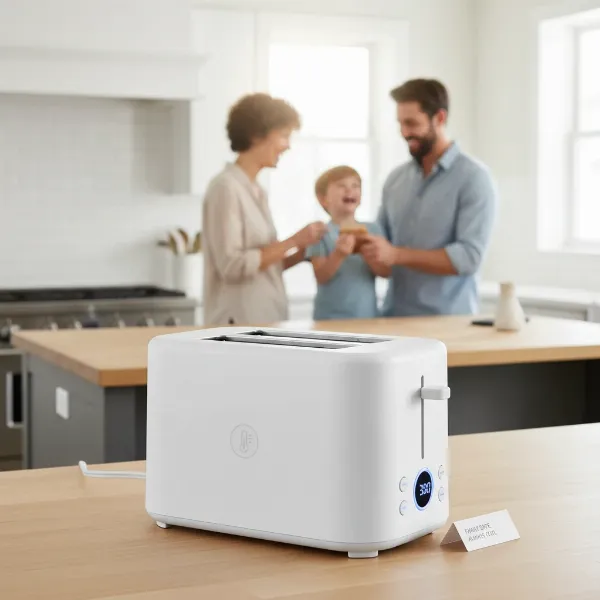 Family in kitchen with a modern cool-touch toaster, emphasizing safety.