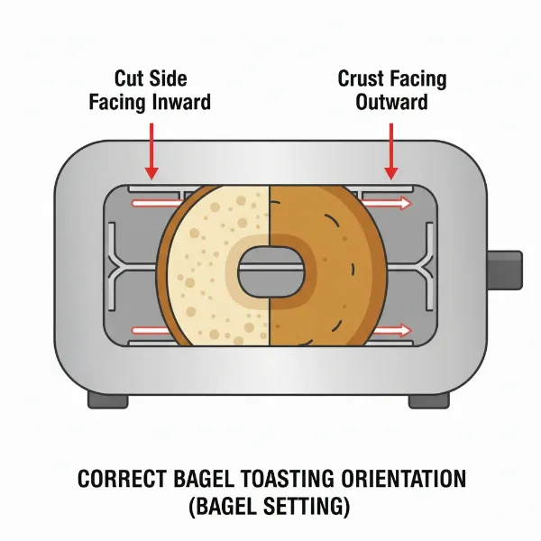 Diagram showing proper bagel half placement in toaster with cut side inward.