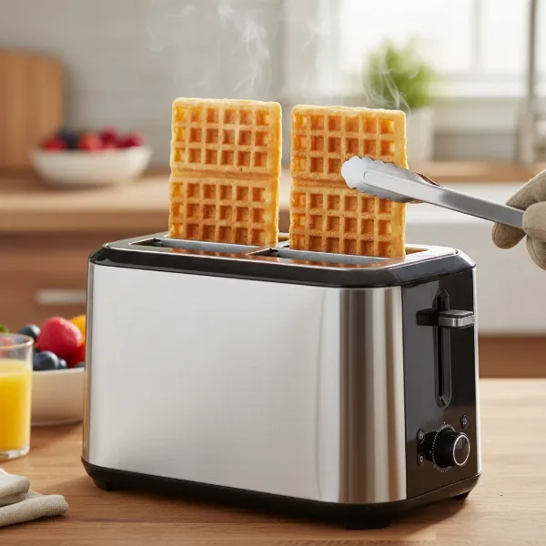 Perfectly toasted, crispy golden-brown frozen waffles being removed from the wide slots of a toaster.