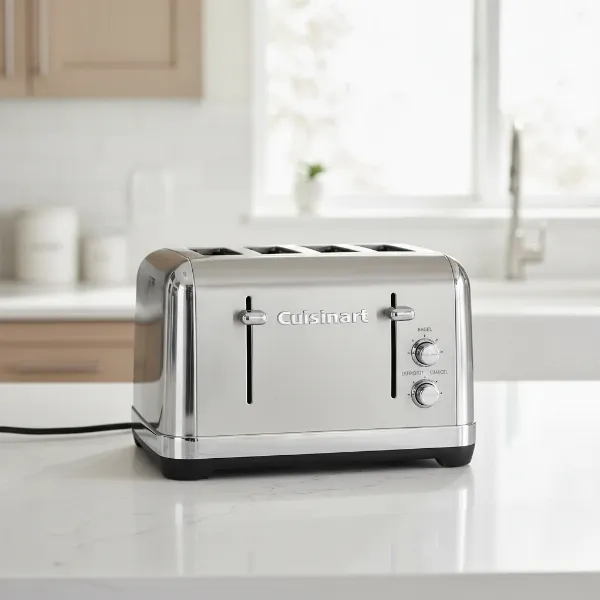 Cuisinart Metal Classic 4-Slice Toaster in brushed stainless steel with polished chrome accents on a kitchen countertop.