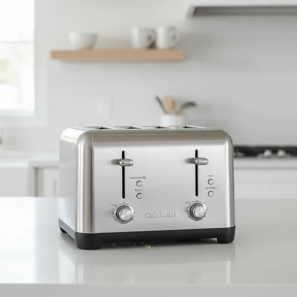 Sleek Cuisinart 4-slice toaster with stainless steel finish on a modern kitchen counter.