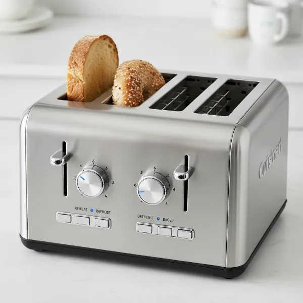 Close-up of Cuisinart 4-slice toaster showing dual independent control panels, wide slots, and various items like bagels and bread.