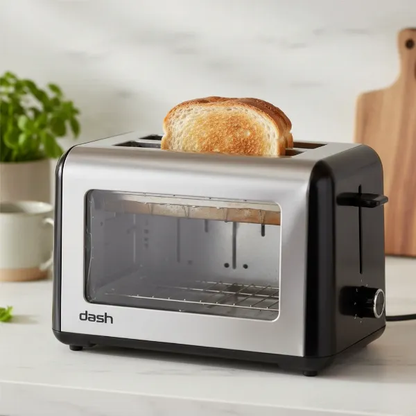 Close-up of bread browning inside Dash Clear View Toaster through transparent glass panel