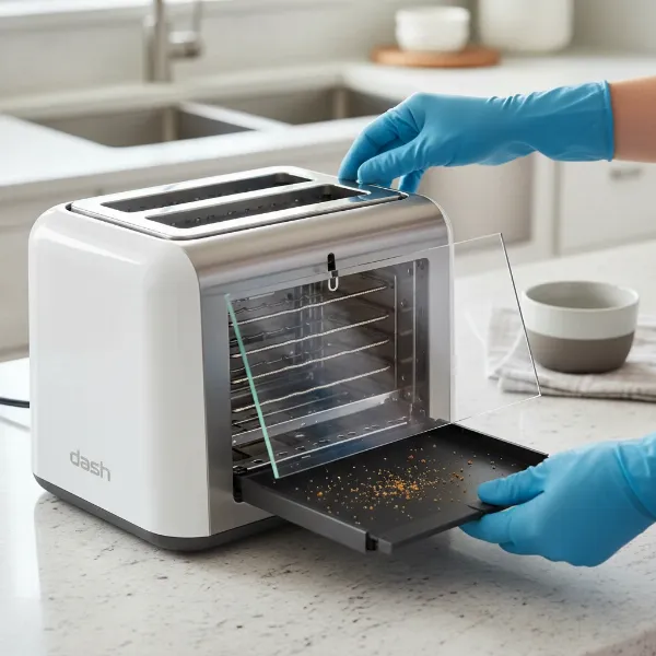 Hands demonstrating removable crumb tray and slide-out glass panel of Dash Clear View Toaster