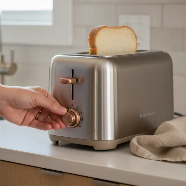 Hand adjusting a toaster dial to the lowest setting for defrosting frozen bread manually.