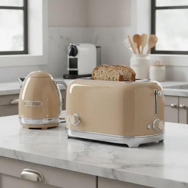 De'Longhi Icona Vintage 4-slice toaster in beige on a kitchen countertop.