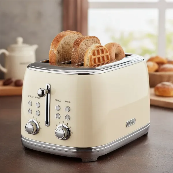 Close-up of De'Longhi Icona Vintage toaster showing control panel and wide slots.