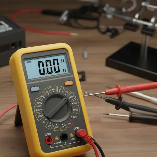 Digital multimeter setup for continuity test, probes touching, display showing low resistance.