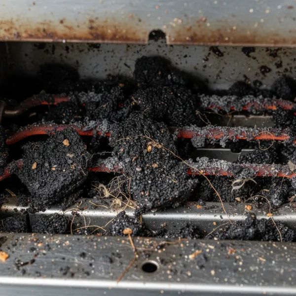 A toaster with a full crumb tray showing accumulated crumbs and debris preventing even heat