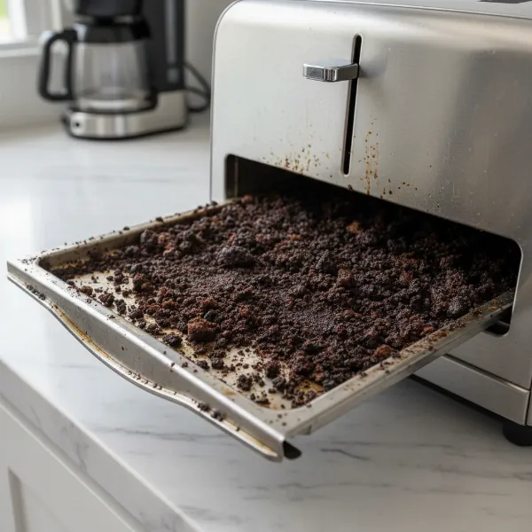 A neglected toaster crumb tray overflowing with dark, burnt crumbs, highlighting a potential fire hazard.