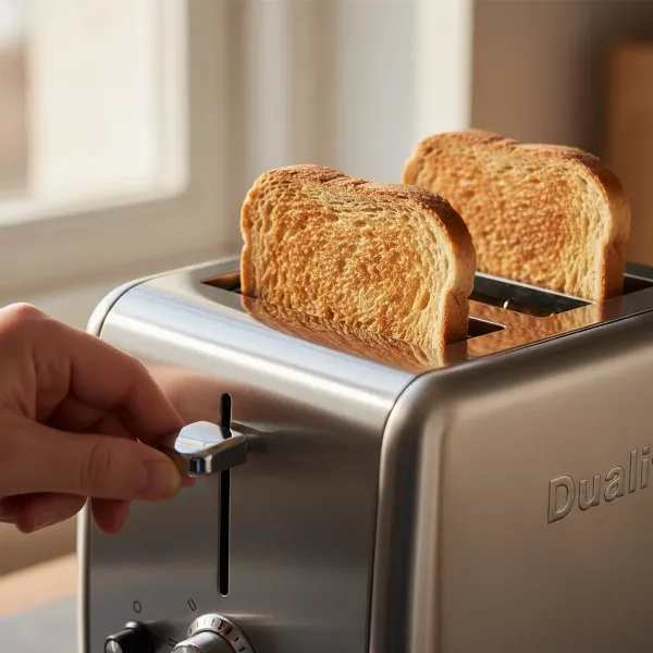 Perfectly browned toast slices emerging from Dualit NewGen toaster, consistent golden color.