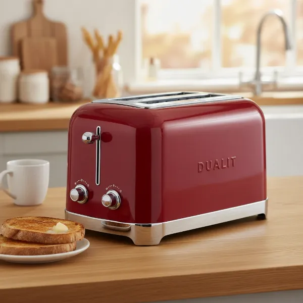 A classic red Dualit NewGen toaster, handmade in the UK.