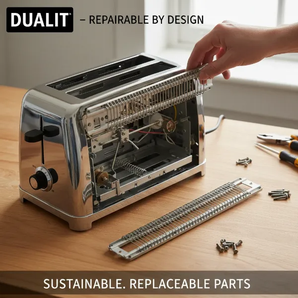 Dualit Classic Toaster with replaceable heating elements and other parts, emphasizing repairability and sustainability.
