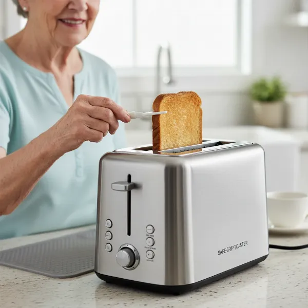 An elderly person safely retrieving toast from a toaster with cool-touch exterior and stable base.