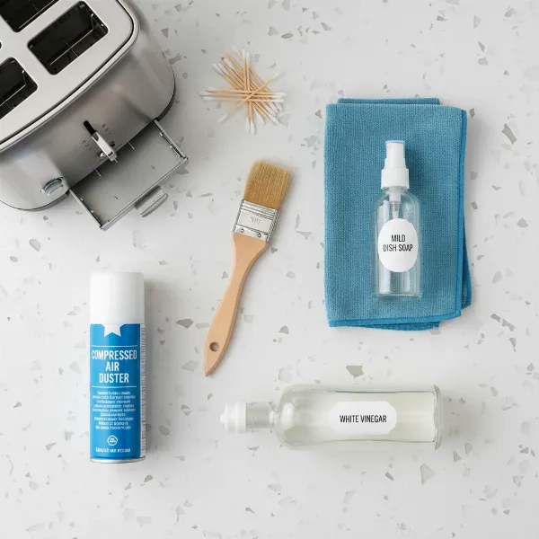 Essential tools for safe toaster cleaning, including brush, cloth, and dish soap.