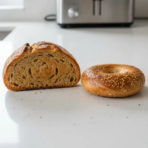 Perfectly and evenly toasted slices of thick bread and a bagel, showcasing superior toast quality.