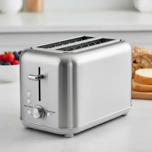 Close-up of a 4-slice toaster showcasing wide slots, high-lift lever, and control buttons.