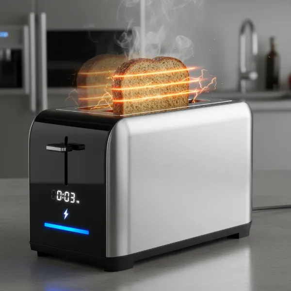High wattage toaster quickly browning bread, illustrating efficient and fast toasting performance.