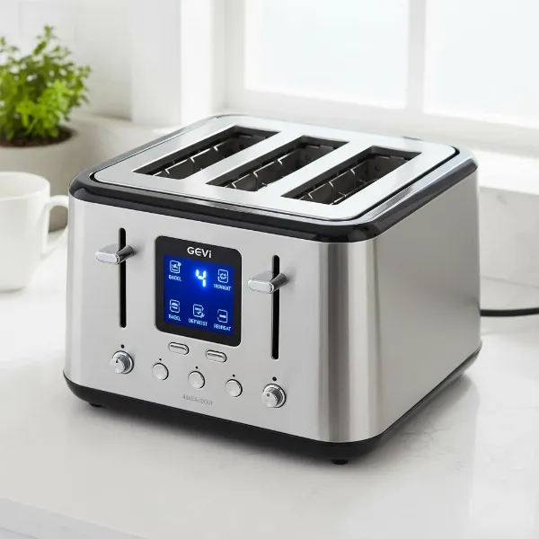 A sleek Gevi 4-slice toaster with LED digital display and wide slots for various breads.