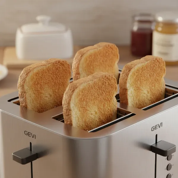 Four slices of perfectly golden, evenly browned toast emerging from a modern Gevi toaster.