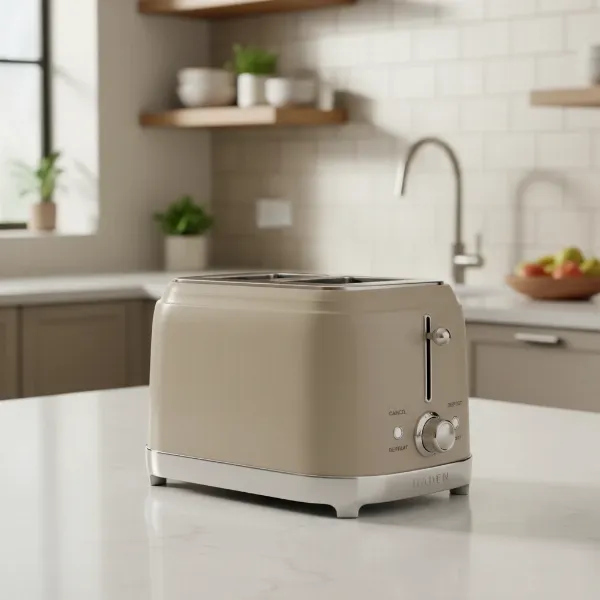 Haden Dorset Toaster in a stylish kitchen, highlighting its retro design, colors, and stainless steel accents.
