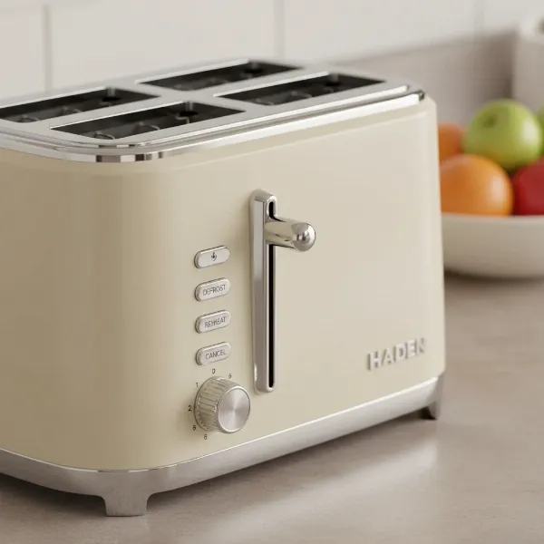 Close-up of Haden Dorset Toaster showing its wide slots, control dial, and function buttons.
