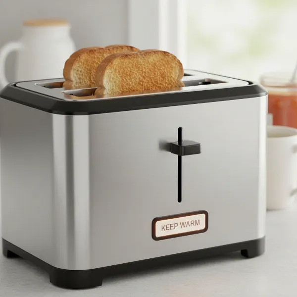 Hamilton Beach 2-slice toaster with "Keep Warm" button illuminated, holding golden toast
